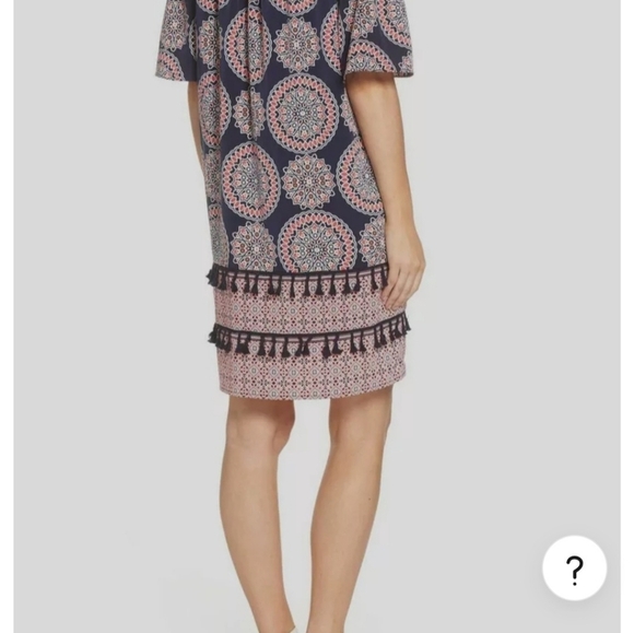 #956 Maggy London Off- Shoulder Navy & Coral Tassled Dress sz. 8 - Picture 2 of 4